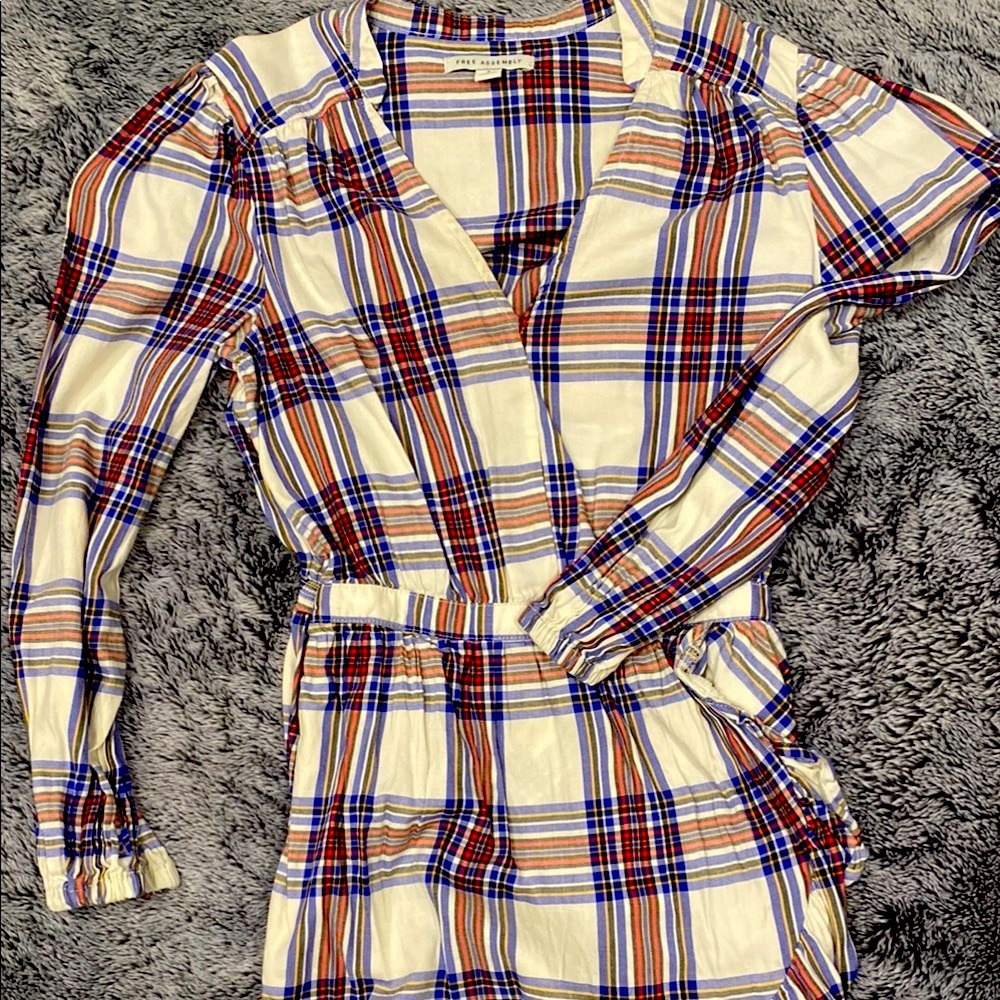 Red and Blue Puff Sleeve Wrap Midi Dress